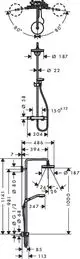 Hansgrohe Duschsystem mit Thermostat und zwei Duschfunktionen. Darstellung von Rohren und Anschlüssen in schematischer Form. Maße und technische Details sind abgebildet.